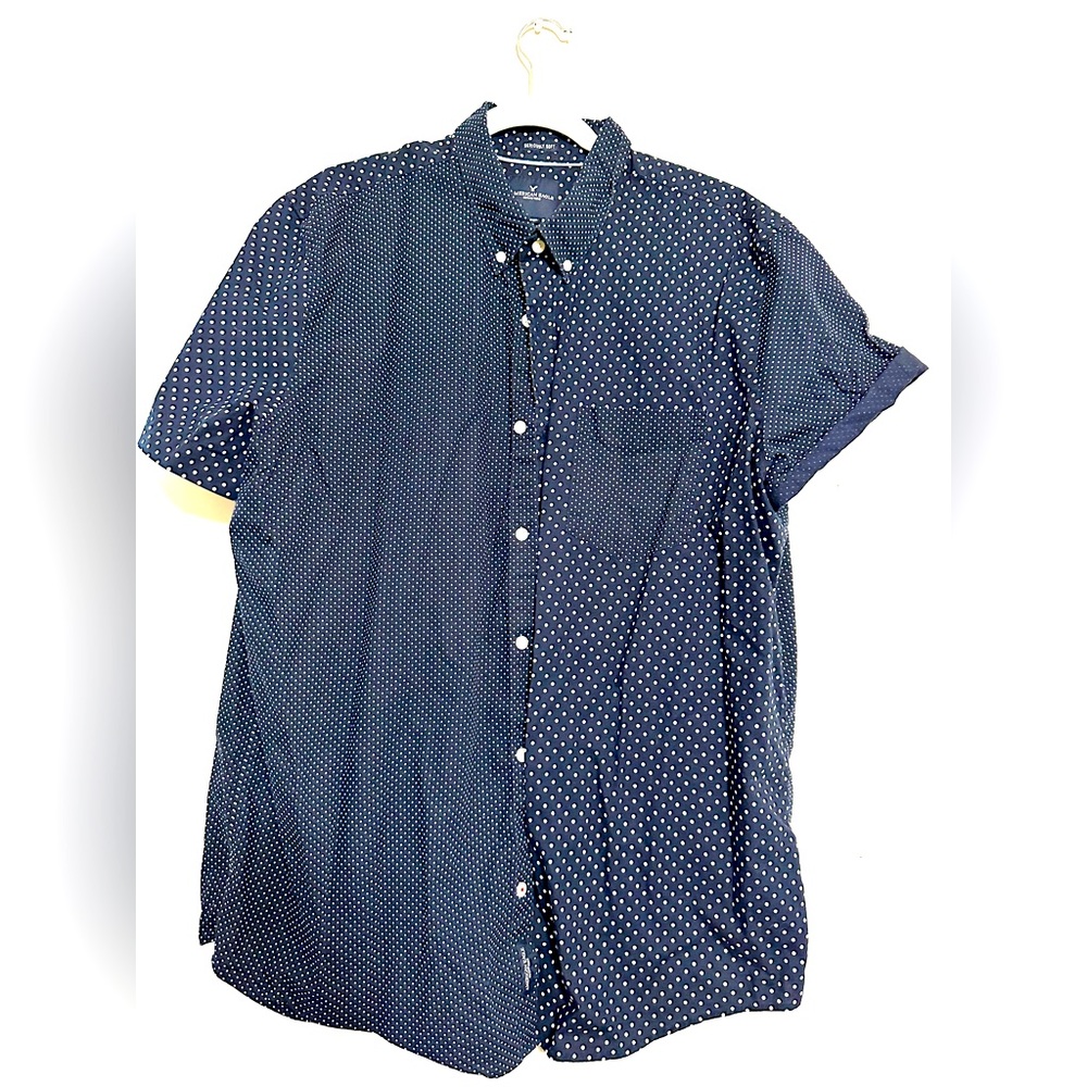 American Eagle Outfitters Shirt Mens Short Sleeve Button Up Navy Polka Dot